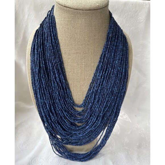 Chicos Blue Seed Bead Silver Tone 16" Long Layered Statement Necklace NEW - Picture 2 of 14